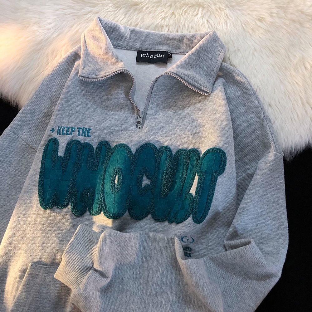 Áo sweater Tay Dài Dáng Rộng Có Khóa Kéo Thêu Họa Tiết Thời Trang Xuân Thu Hàng Mới Dành Cho Bạn Nữ