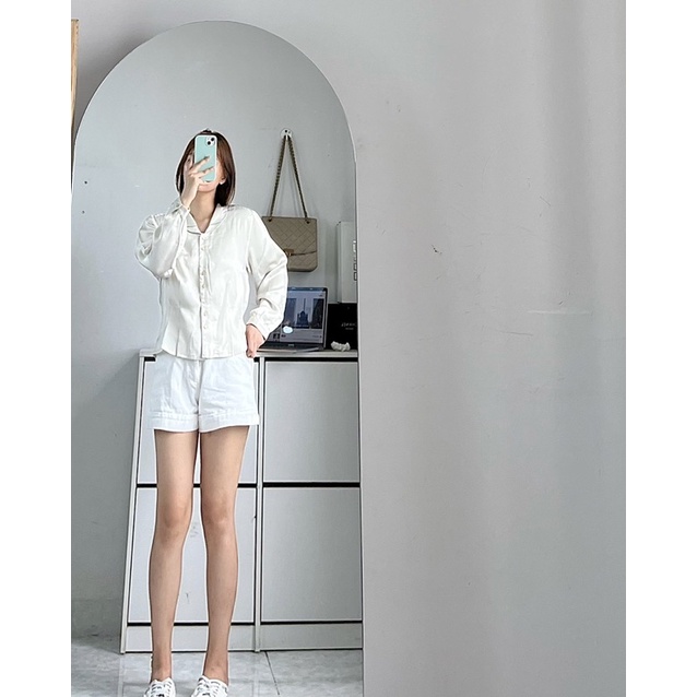 Áo sơ mi nữ tay bồng chiết eo nhẹ hàn quốc vải lụa cổ tròn tiểu thư xinh xắn
