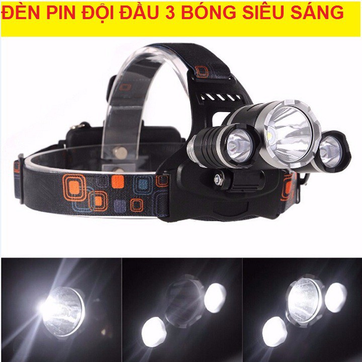 Loại 1 - Đèn Pin Đội Đầu Headlight 3 Bóng - Trắng, Đèn Pin T6 Siêu Sáng - Tặng Kèm Sạc &amp; 2 Pin.