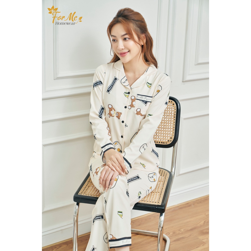 Bộ mặc nhà chất lụa Hàn Châu cao cấp Dài Tay Gấu Sweet 04, ForMe Pijama