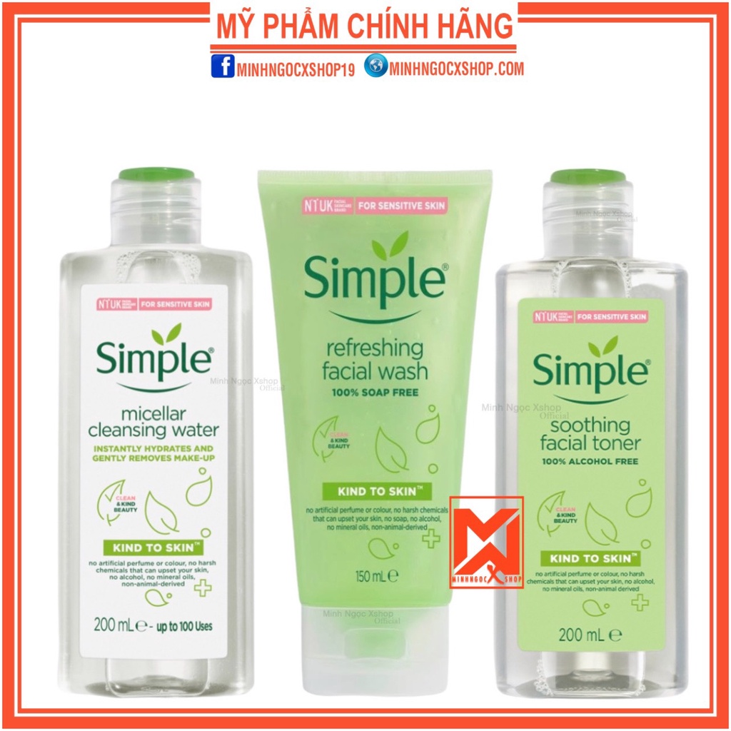 Combo da sạch sâu SIMPLE nước tẩy trang Micellar 200ml + sữa rửa mặt Refreshing 150ml + Toner 200ml chính hãng