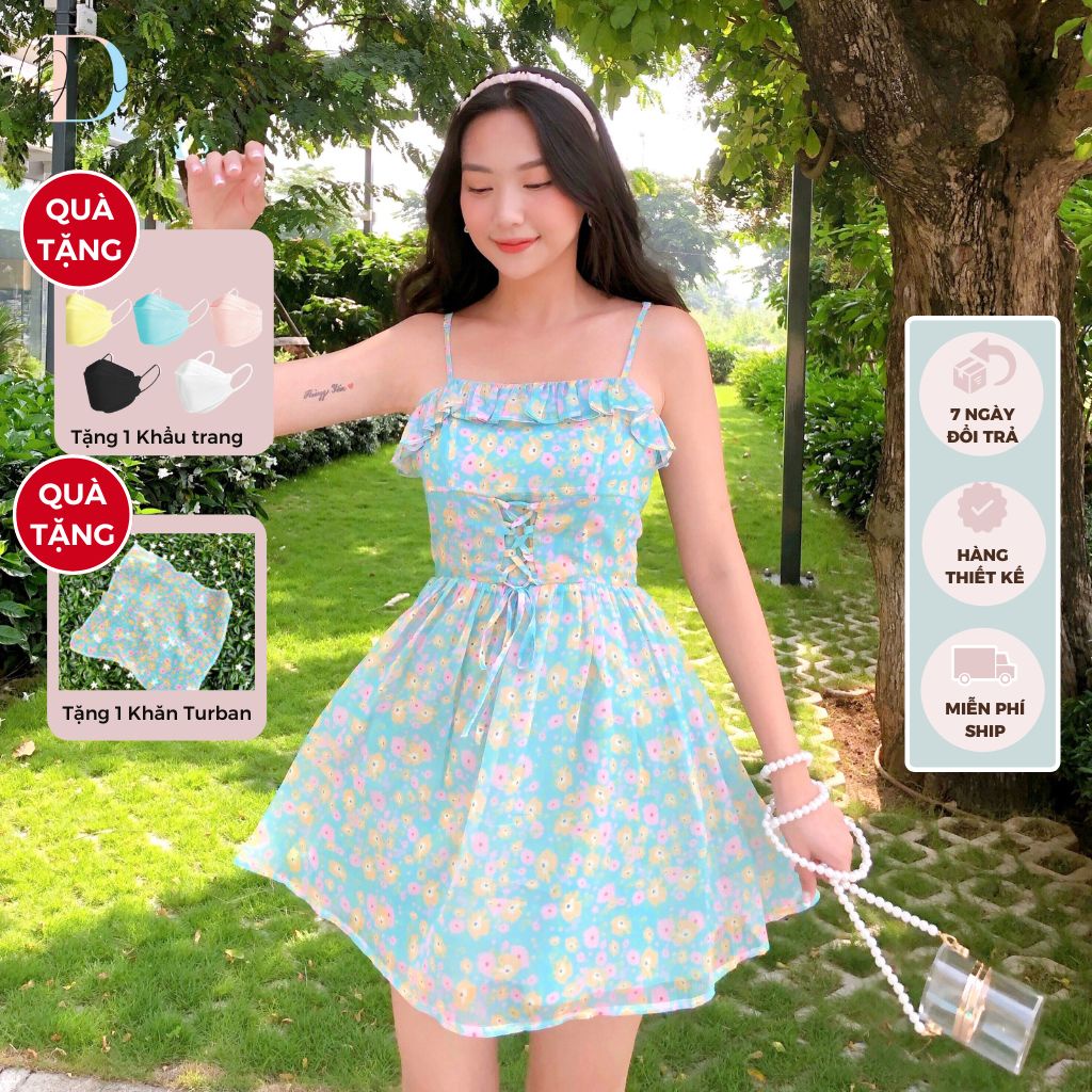 Váy 2 dây hoa nhí, váy đi biển đầm thiết kế DONNA màu xanh mint làm sáng da