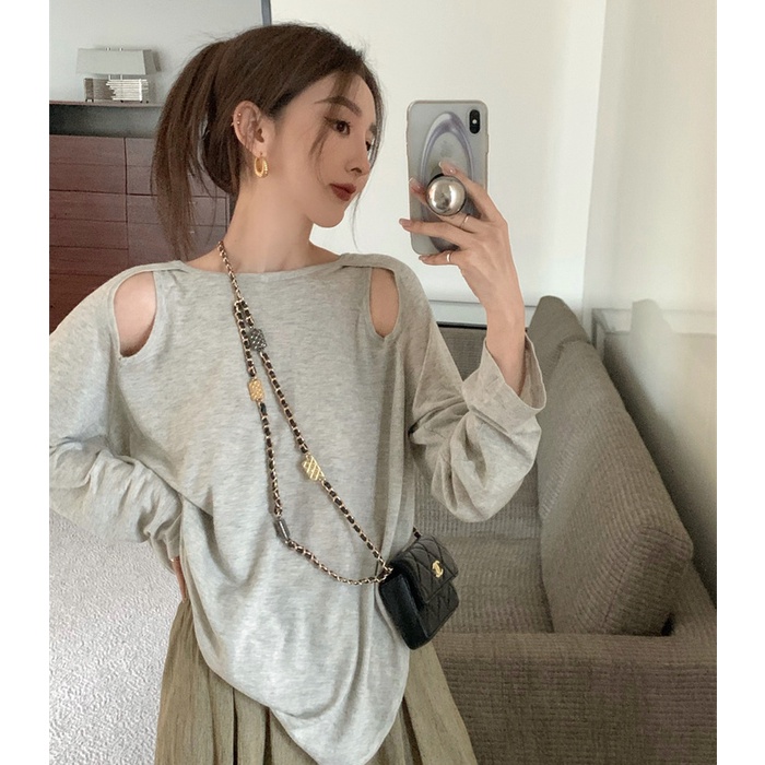 QKOOLE  Áo Thun Dệt Kim Tay Dài Cổ Tròn Màu Sắc Đơn Giản Phong Cách Hàn Quốc Cho Nữ