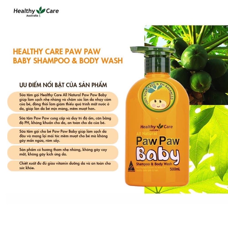 Sữa tắm gội Healthy Care Paw Paw Baby tinh chất đu đủ lành tính, hỗ trợ phòng chống rôm sảy, viêm da ở trẻ sơ sinh