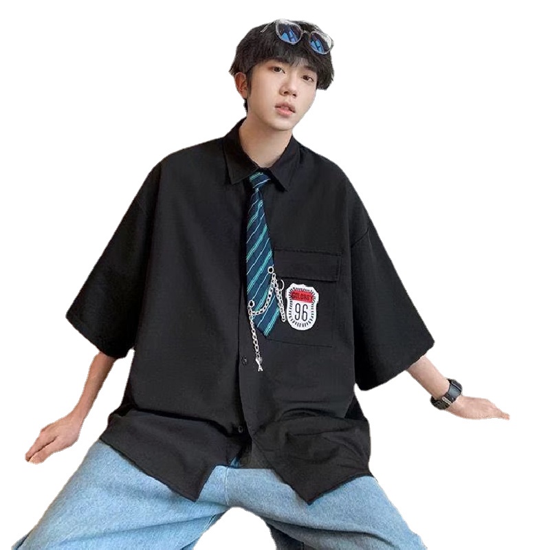 Áo Sơ Mi Ngắn Tay Phối Túi Hộp Form Rộng Phong Cách Hip Hop Hàn Quốc