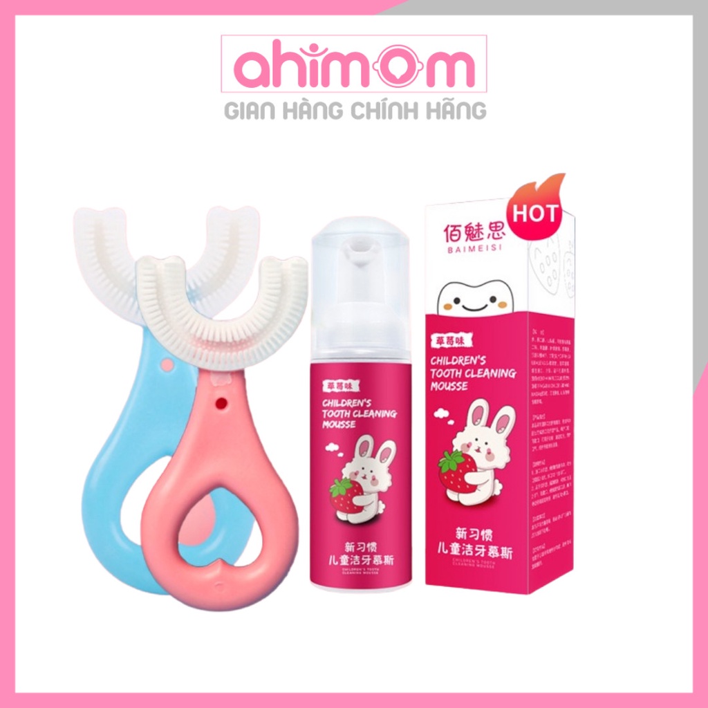 Combo bàn chải đánh răng cho bé chữ U + kem đánh răng dạng bọt an toàn cho bé - Ahimom