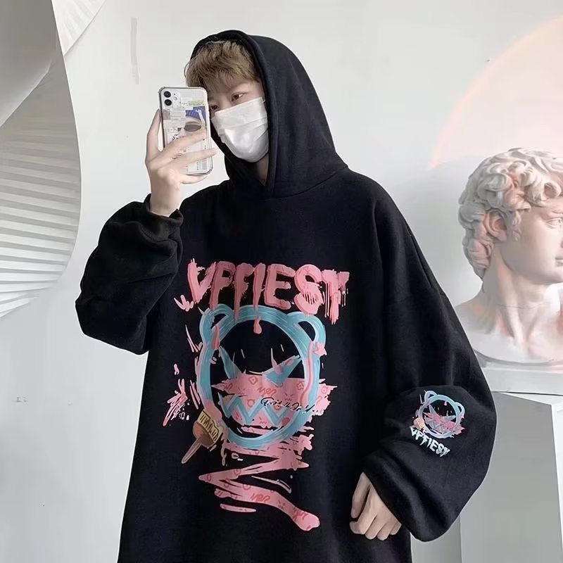 Áo Hoodie Dáng Rộng In Họa Tiết Hoạt Hình Phong Cách hip hop Đường Phố Hàn Quốc Chất Lượng Cao Cho Nam Size M-5XL