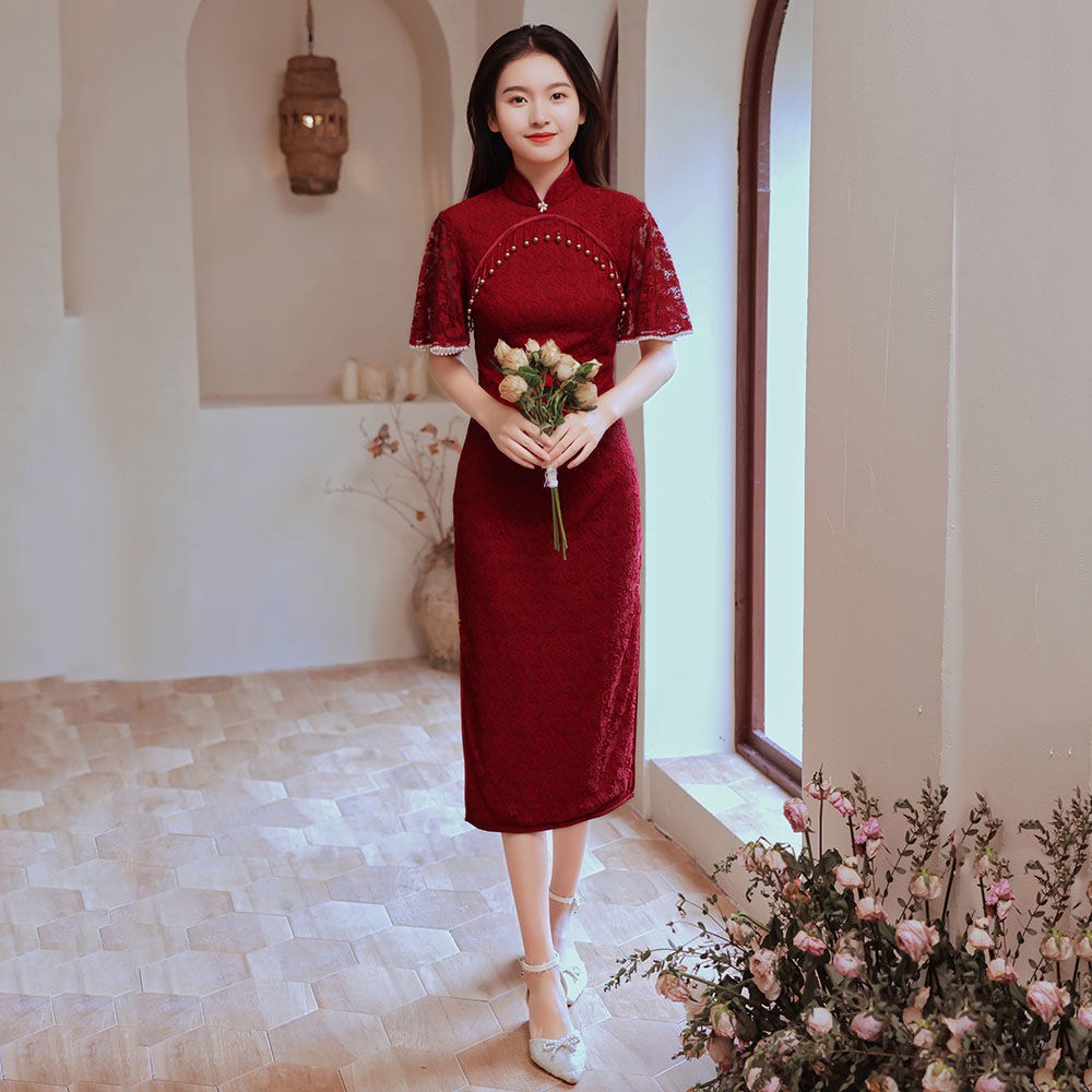 @ @ Đầm Sườn Xám Cao Cấp Màu Đỏ Rượu Vang Phong Cách Mới 2024 Cho Cô Dâu Trong Tiệc Cưới Cao Cấp Thường Ngày