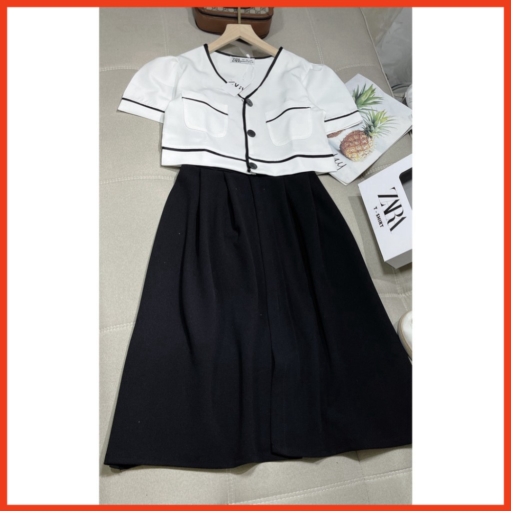 Sale  bất ngờ set váy 2 dây đen xoè mix áo khoác croptop siêu sinh