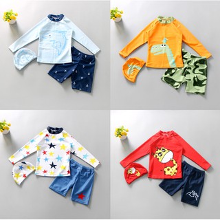 Bộ đồ bơi áo dài tay + quần short + mũ dễ thương cho bé trai