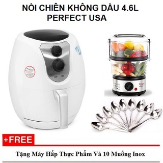 NỒI CHIÊN KHÔNG DẦU PERFECT USA TẶNG NỒI HẤP 2 TẦNG MAGIC KOREA VÀ 10 MUỖNG INOX