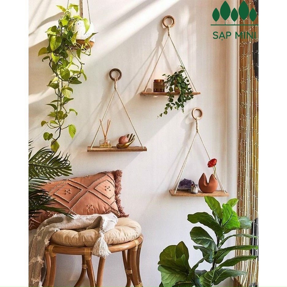 KỆ GỖ QUẾ THƠM TREO DÂY THỪNG DECOR & MACRAME SIÊU CUTE KT 40X10 CM