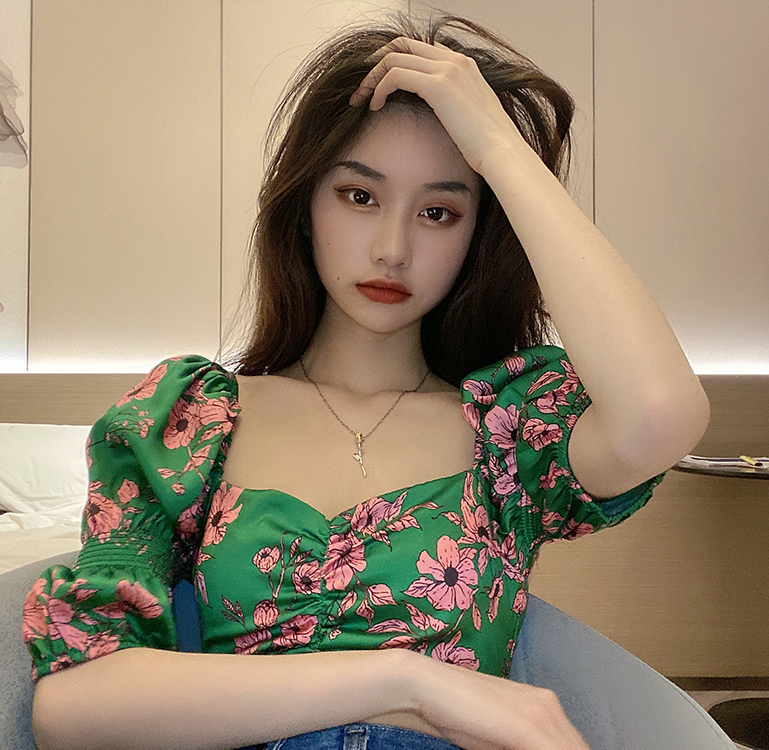 DUNEA Áo kiểu cổ vuông họa tiết hoa phong cách retro gợi cảm thời trang cho nữ