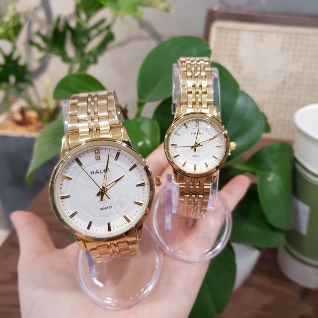Cặp đồng hồ đôi Halei dây thép đúc máy Nhật mạ vàng không gỉ chống nước chống xước chính hãng Tony Watch 68