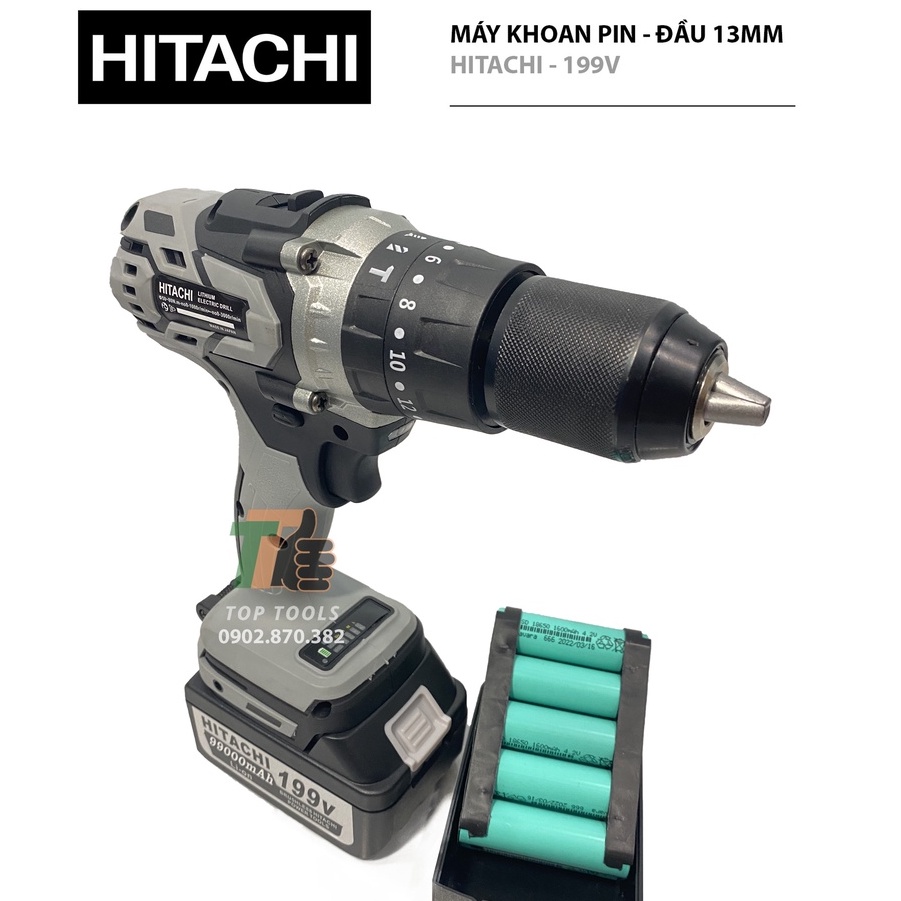 Máy khoan pin không chổi than, Máy khoan pin Hitachi, Đầu khoan 13mm, Pin 10cell 199v