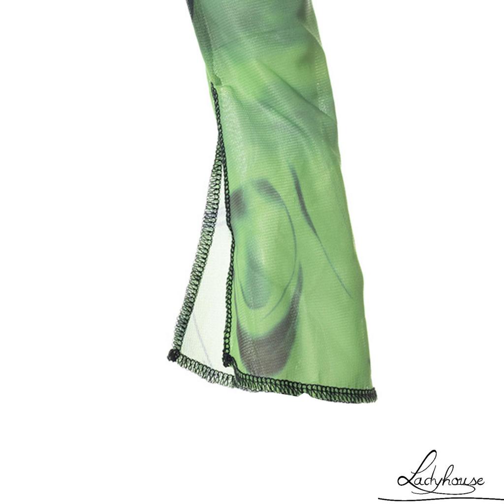 Áo Thun Tay Dài Phối Lưới Hở Rốn In Họa Tiết Thời Trang Cho Nữ