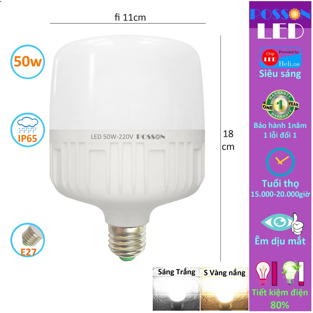Sỉ 50 Bóng đèn Led trụ 50w bup trụ T110 siêu sáng tiết kiệm điện thân kín chống nước Posson LC-50x