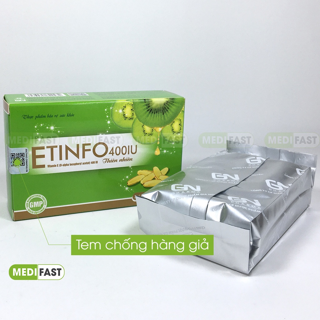 Bổ sung vitamin E 400IU - giúp làm đẹp da, ngăn ngừa lão hóa da - Etinfo - Hộp 30 viên