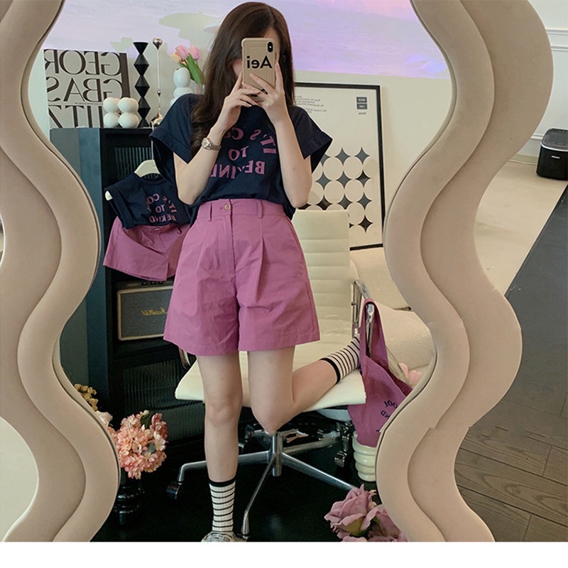 Set Áo Thun 100% Cotton + Quần Short Ống Rộng In Chữ Phong Cách Hàn Quốc Dễ Thương Thời Trang Mùa Hè 2022 Cho Mẹ Và Bé