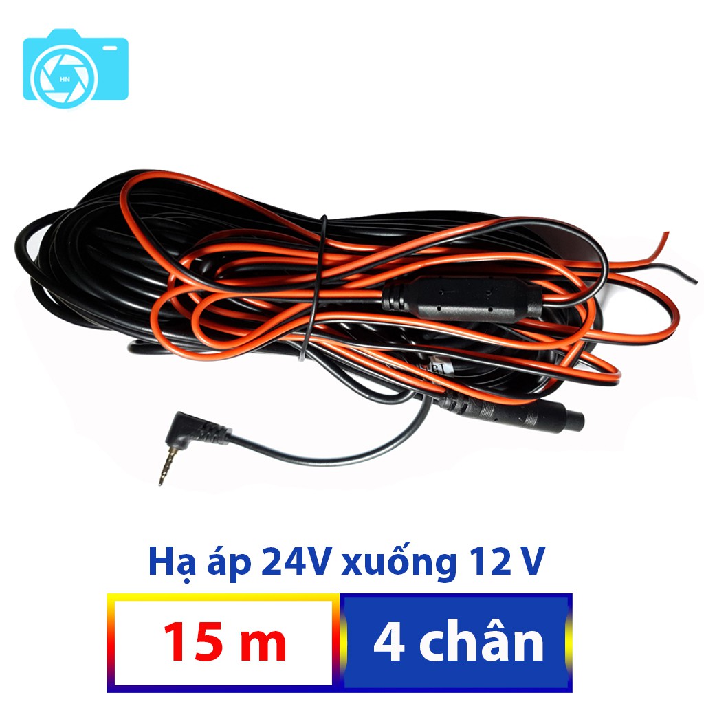 Dây tín hiệu cho camera hành trình ô tô, dài 15m, 4 chân, jack 2.5mm, có đổi nguồn 24v sang 12V