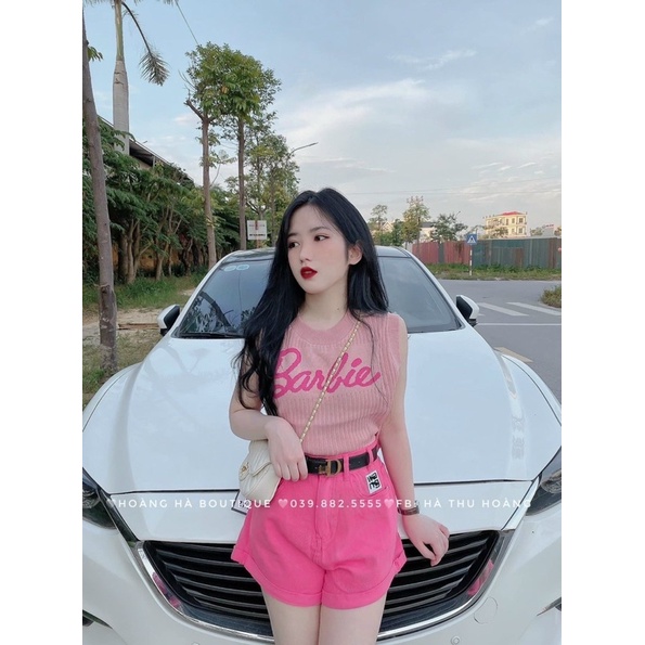 Áo len crotop cổ tròn chữ barbie
