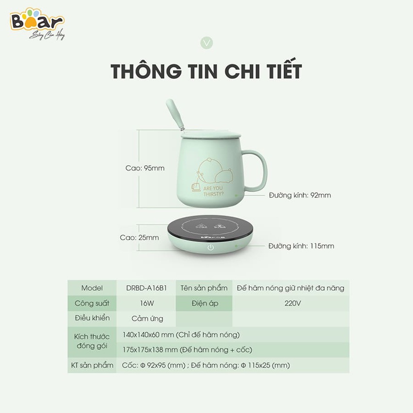 Cốc Hâm Nóng Kèm Đế Bear DRBD-A16B1 (Hàng chính hãng 1 đổi 1 trong 30 ngày, bảo hành 18 tháng) - HomeMart