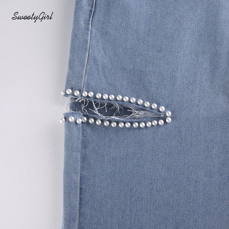 Quần Jeans Dài Lưng Cao Màu Sắc Trơn Đính Ngọc Trai Xinh Xắn Dành Cho Nữ