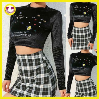 Áo Croptop Nhung Tay Dài Thêu Hoạ Tiết Dải Ngân Hà Galaxy