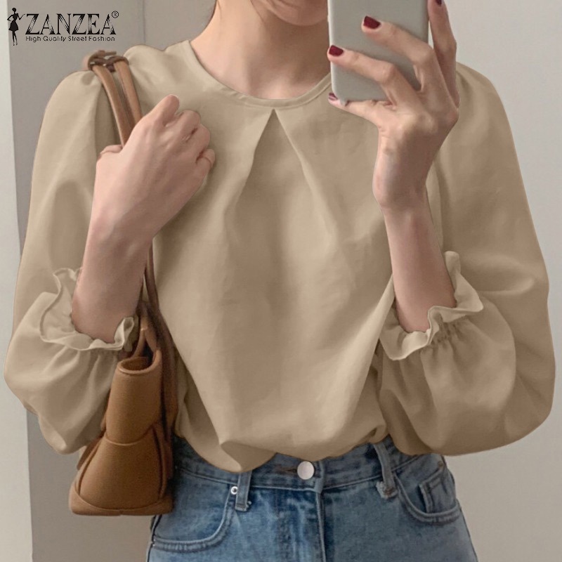 Áo ZANZEA tay dài cổ tròn màu trơn phong cách Hàn Quốc thường ngày dễ phối đồ cho nữ