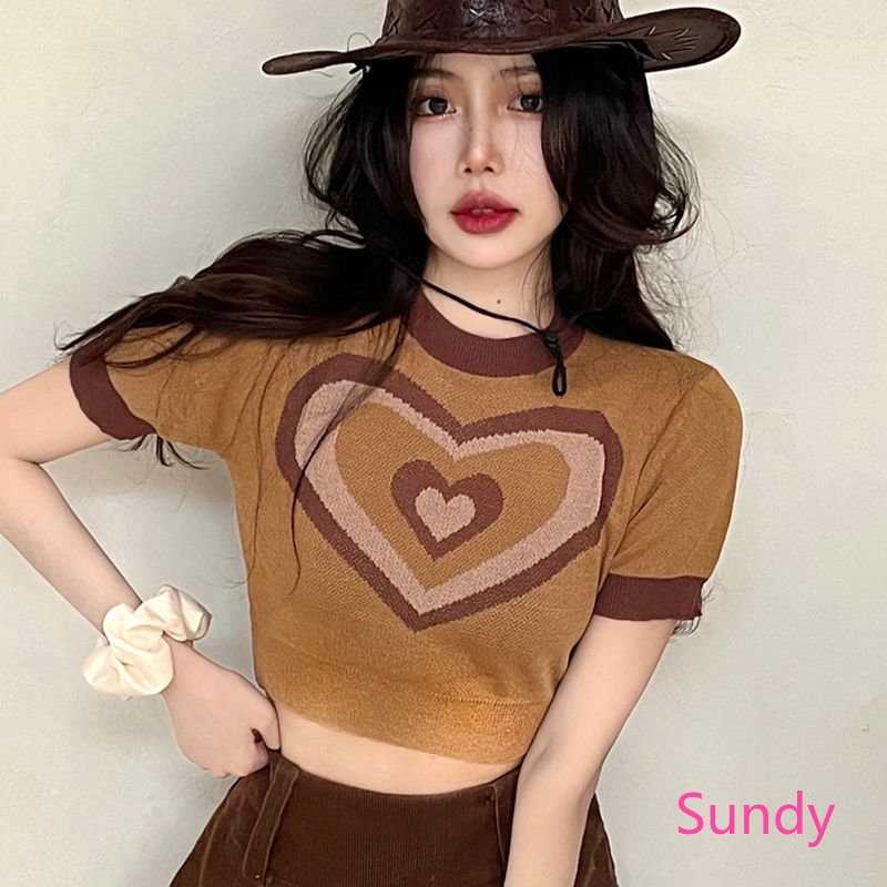 Áo Croptop Dệt Kim Tay Ngắn In Hình Trái Tim Quyến Rũ Thời Trang Mùa Thu Cho Nữ