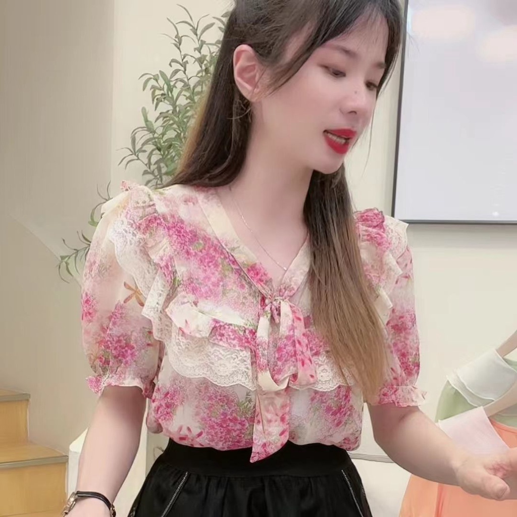 Áo Kiểu Ngắn Tay Vải Voan Dáng Rộng In Họa Tiết Hoa Thời Trang Mùa Hè Cho Nữ