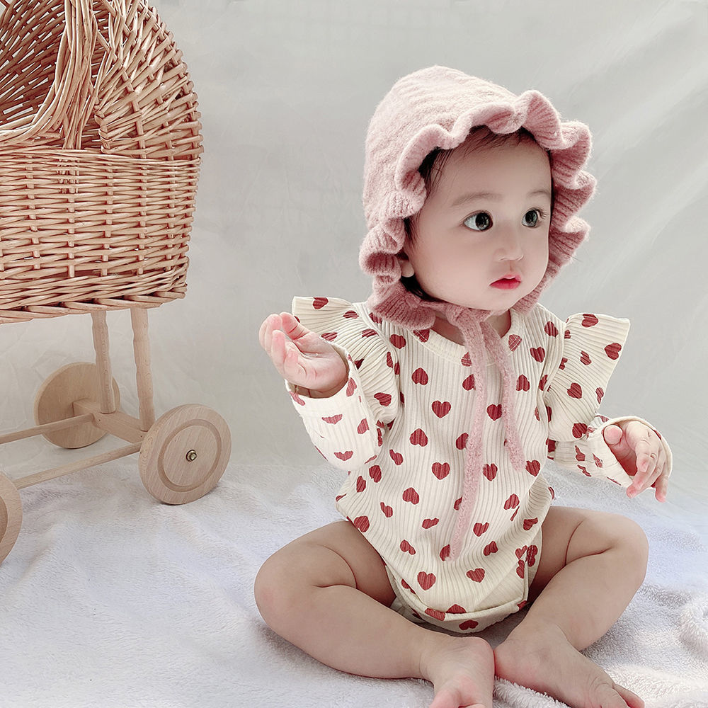 Bộ Áo Liền Quần Vải Cotton Tay Dài Phối Tay Cánh Tiên In Họa Tiết Trái Tim Thời Trang Mùa Thu / Xuân / Hè Cho Bé