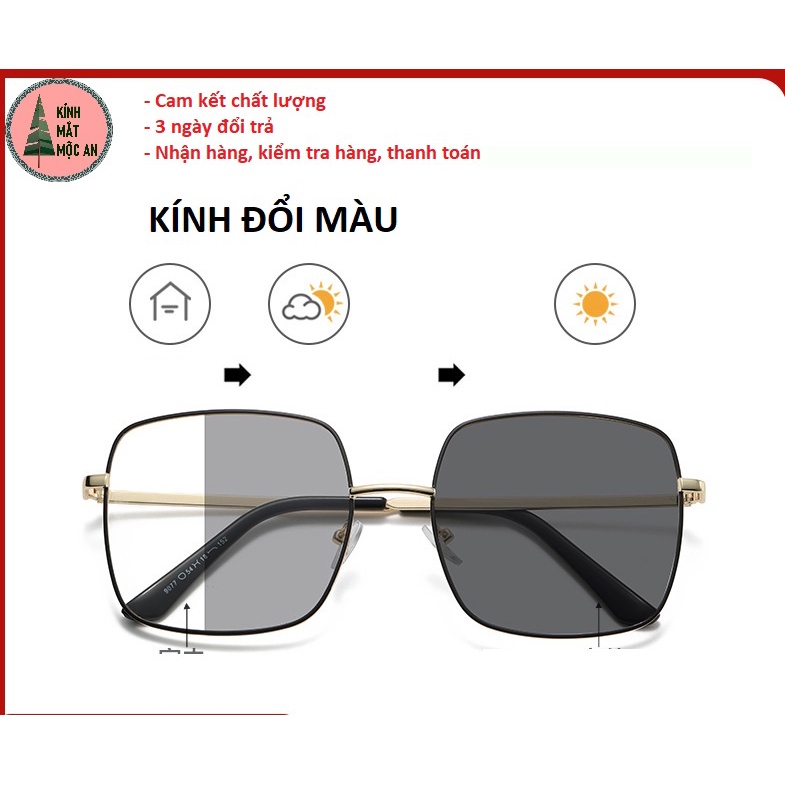 (Y10) Kính cận đổi màu khi ra nắng MOCAN Gọng vuông chống cận, chống tia cực tím UV400 cho mặt tròn mặt to