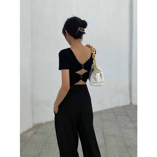 Áo croptop cut out cổ vuông tay ngắn mặc 2 kiểu