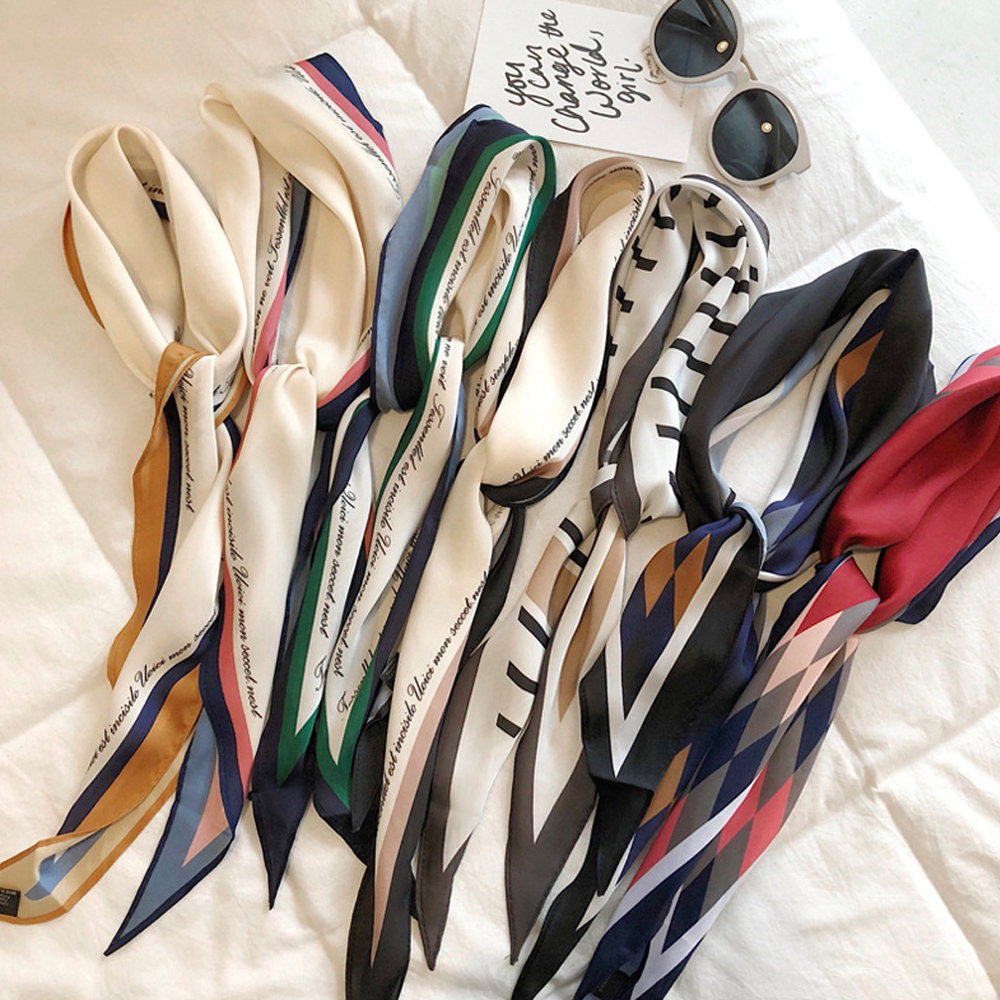 Khăn quàng cổ chất satin có thể dùng buộc túi / buộc tóc đa năng dáng dài in họa tiết thời trang cho nữ