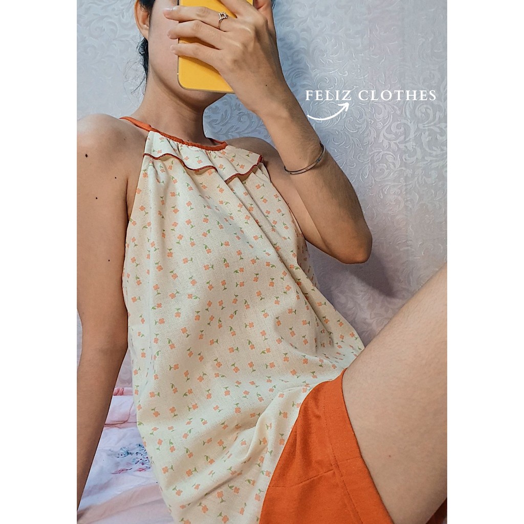 [Feliz.Clothes] Đồ ngủ 2 dây yếm linen bột hoa nhí cam siêu mát, siêu dễ thương | BigBuy360 - bigbuy360.vn