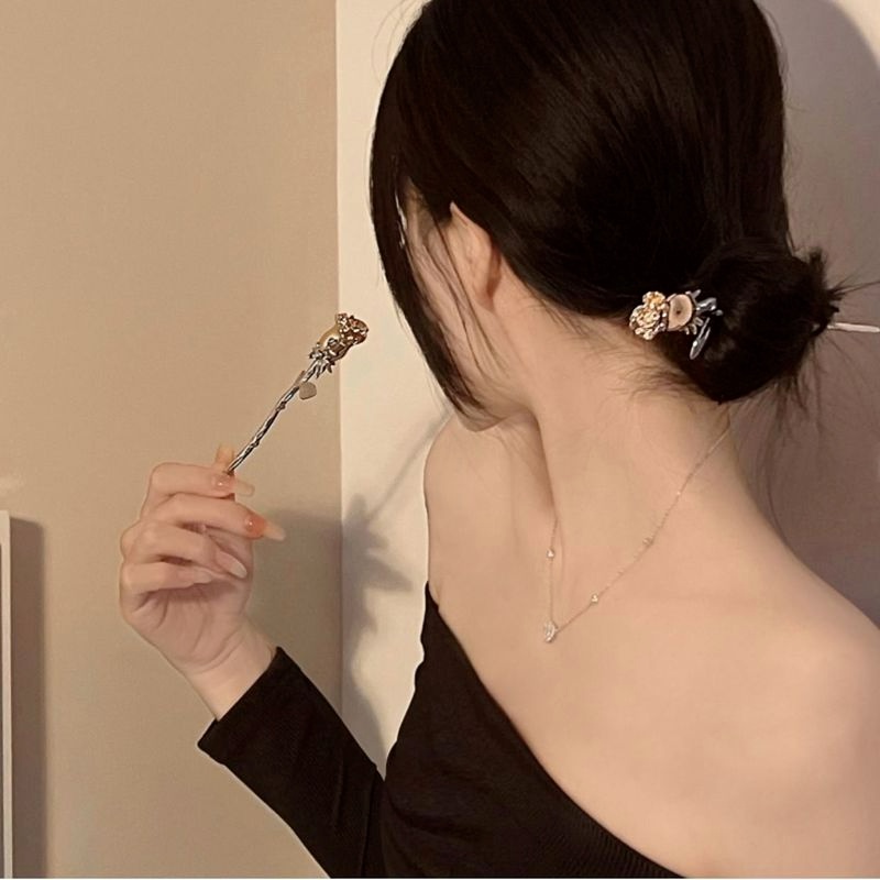 Trâm Cài Tóc Hình Hoa Hồng Tráng Men Thanh Lịch Cho Nữ