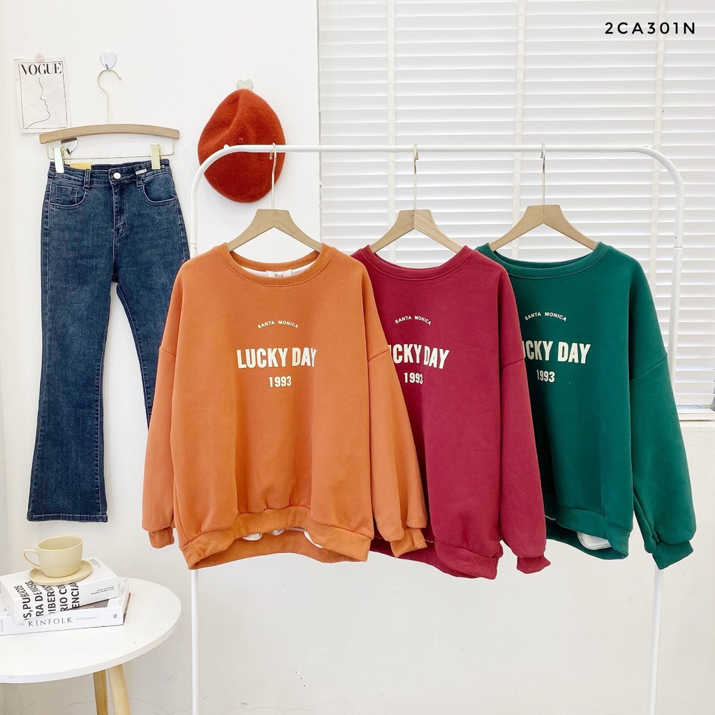Áo nỉ unisex cổ tròn cho nam nữ hoạ tiết chữ lucky day Real Life Shop