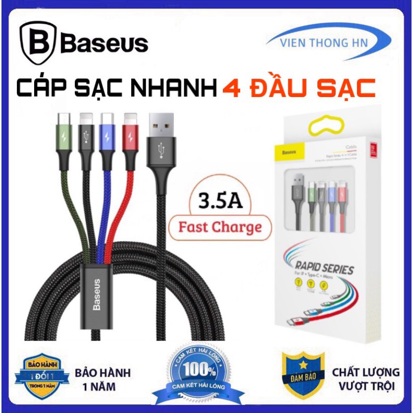 Dây sạc 4 đầu baseus - cáp sạc nhanh 3 in 1 iphone micro usb type c baseus - vienthonghn