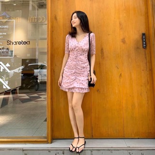 🍭Đầm hoa nút bọc nhúng eo chân bèo🍭