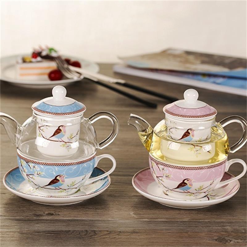 Bộ Ấm Trà / Cà Phê Bằng Gốm Sứ Chịu Nhiệt Họa Tiết Hoa Và Chim Màu Hồng