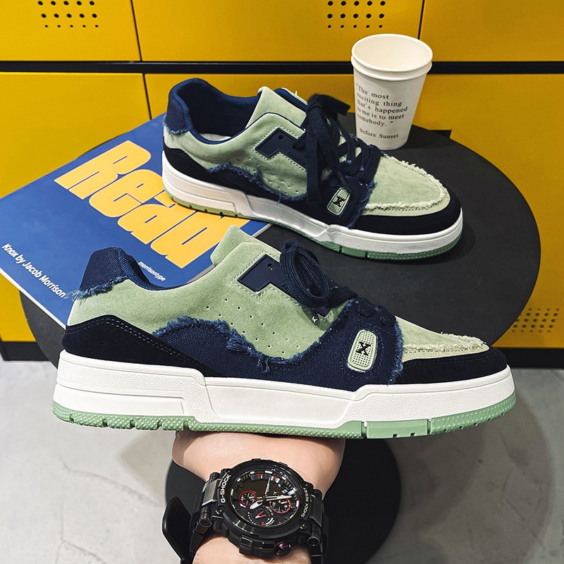 Giày thể thao nam cổ thấp phong cách Harajuku màu xanh lá cây vải rách cực chất bản đẹp full box bill