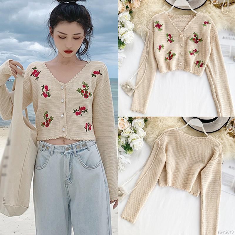 Áo khoác len cardigan thêu họa tiết phong cách retro xinh xắn thời trang cho nữ