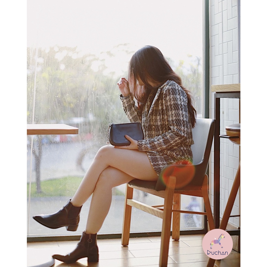 Set Suit vải tweed caro đen trắng Ruchan