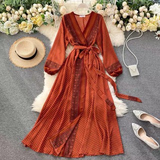 (Ảnh thật) Váy đầm maxi boho thổ cẩm dáng dài xẻ tà thắt eo chấm bi tay phồng cổ V vintage du lịch đi biển