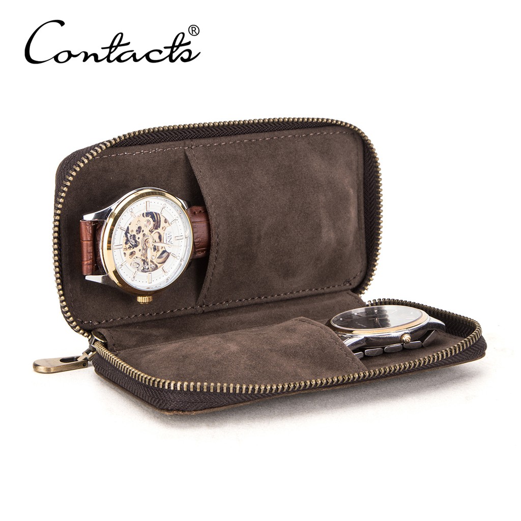 CONTACT'S Hộp Đựng Đồng Hồ Hai Ngăn Bằng Da Bò Có Khóa Kéo Phong Cách Vintage