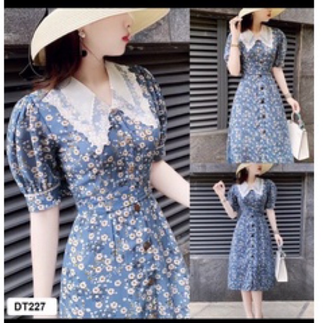 Đầm xòe hoa xanh cổ ren đính nút xinh xắn đi làm dạo phố Flora Dress Petystore full size D007 | BigBuy360 - bigbuy360.vn