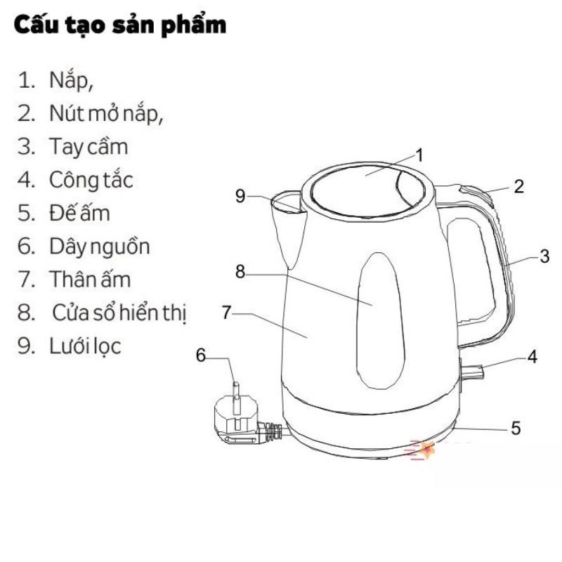 Ấm đun siêu tốc, bình đun nước nóng dung tích 1,8L cho gia đình