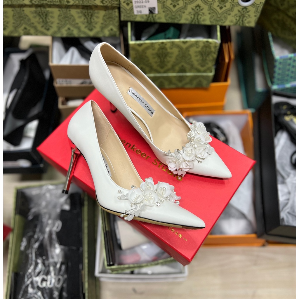 Giày Cưới - Giày Gót Nơ Hoạ Tiết 9p TQXK