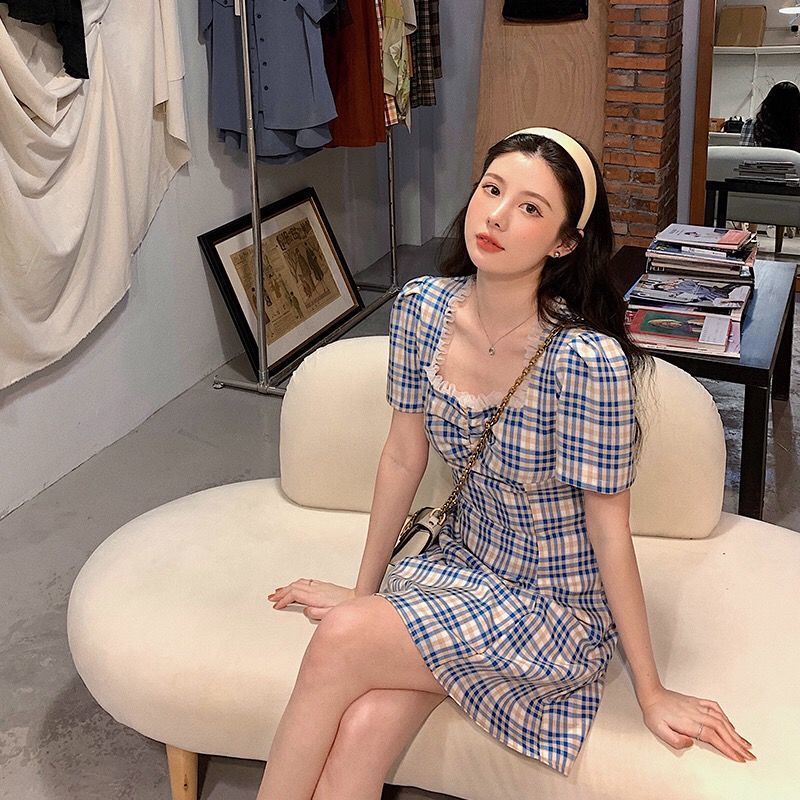 New Snapping up&Sweet French Retro Waist Slimming Puff Sleeve Plaid Dress Female Summer New Square CollaraWord Skirt | BigBuy360 - bigbuy360.vn